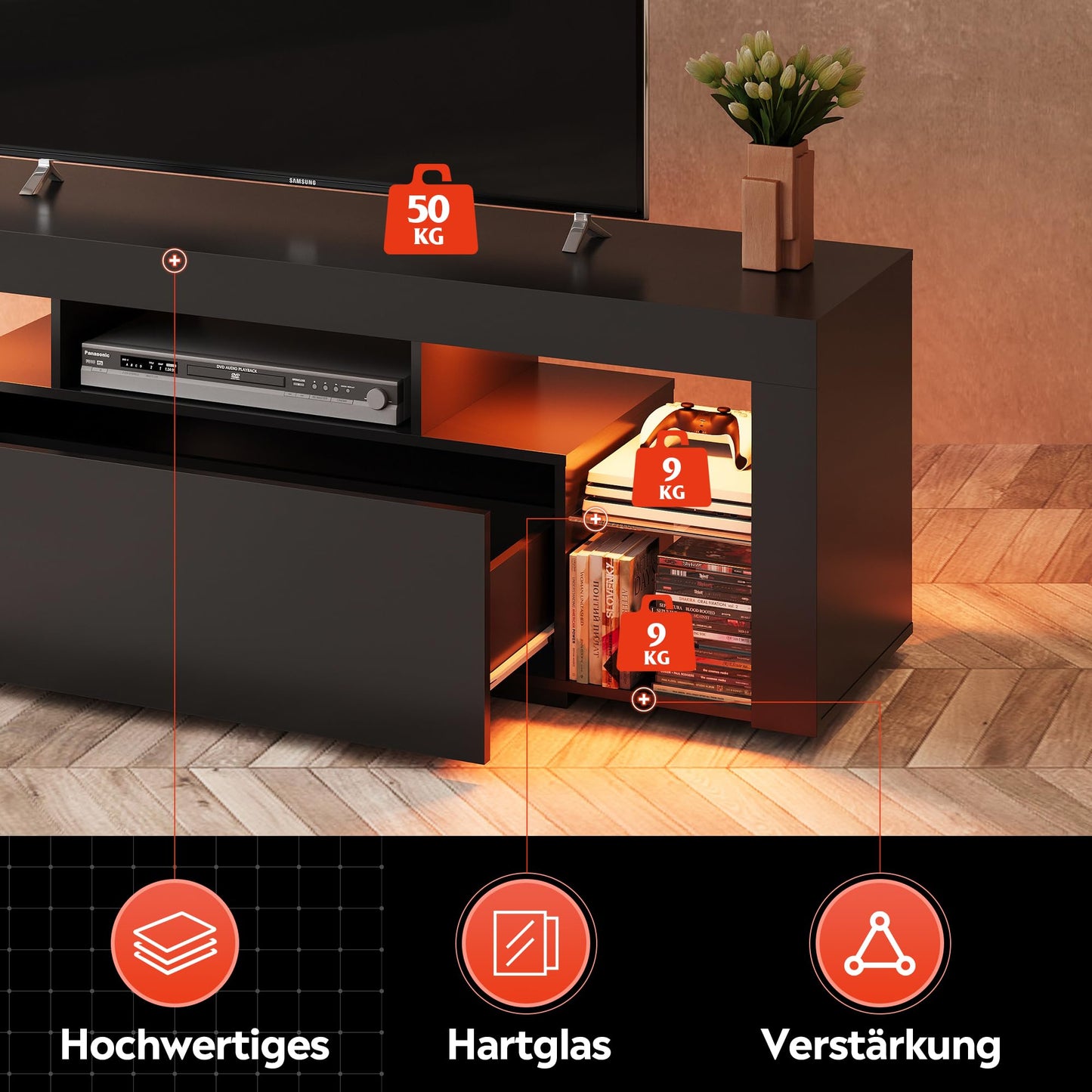 WLIVE TV Cabinet with LED, Lowboard Black for TVs up to 60 Inches, TV Stand for Living Room, 20 Colours LED Lighting, TV Cabinet with Open Storage Space and Drawers, Black