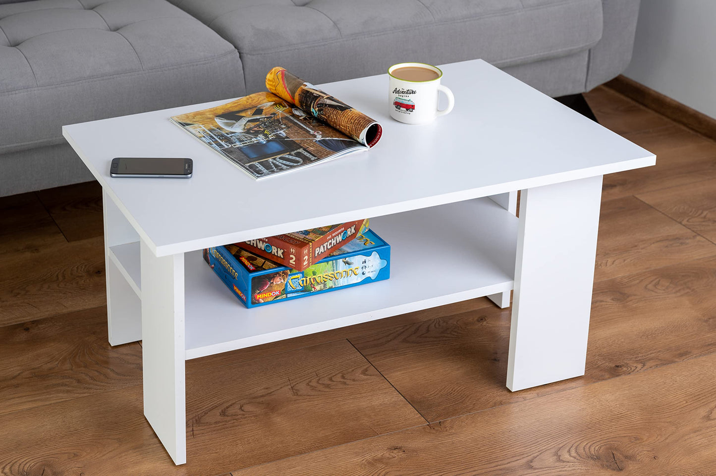 Artisan Coffee Table, Retro Loft Bench, Open Double Shelf, Skate Legs, Ideal for Coffee Get-Togethers, Laminated Top, Large Surface, Guaranteed Stability, White 3