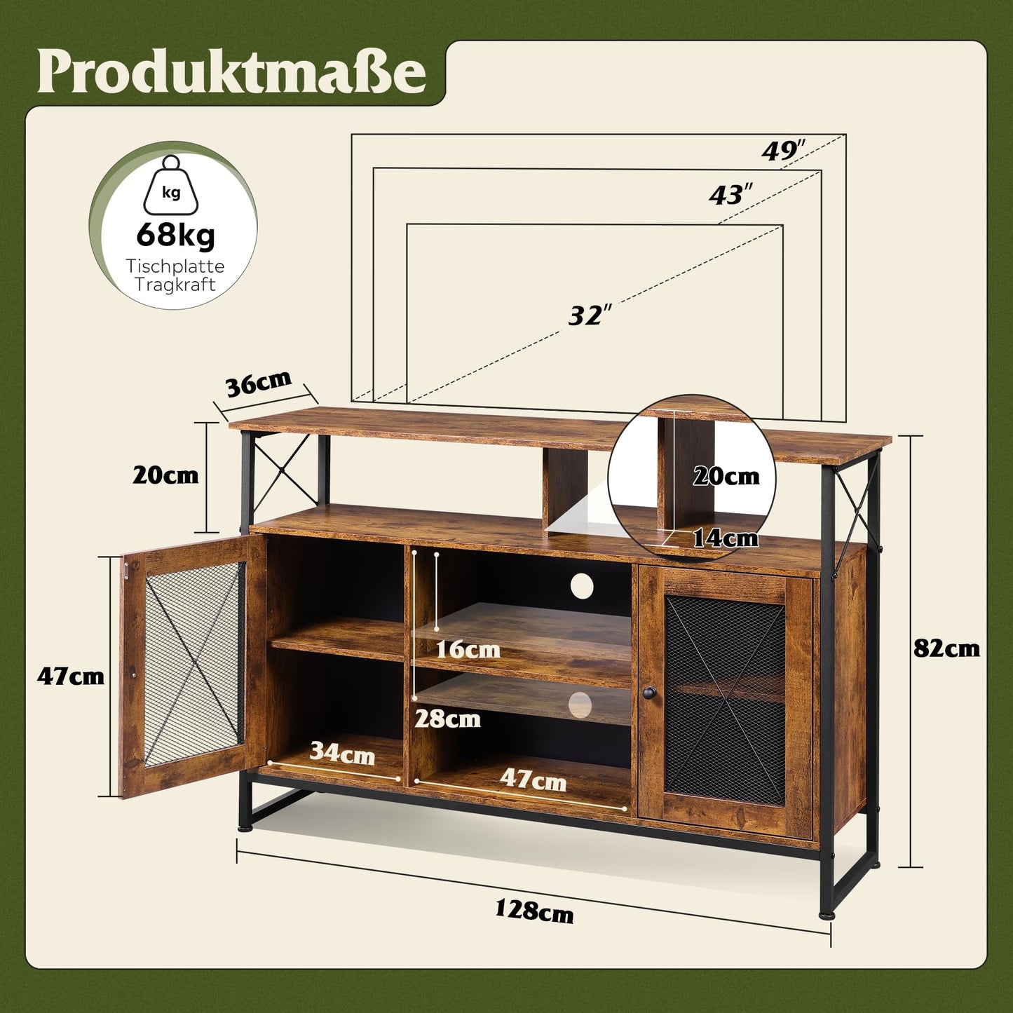 WLIVE Cabinet TV Schrank für Fernseher bis zu 55 Zoll, 128 × 36 × 82 cm Hoch TV Borad Fernsehschrank mit Verstellbaren Ablagen, Fernsehtisch mit Zwei Schränken, TV Tisch für Wohnzimmer