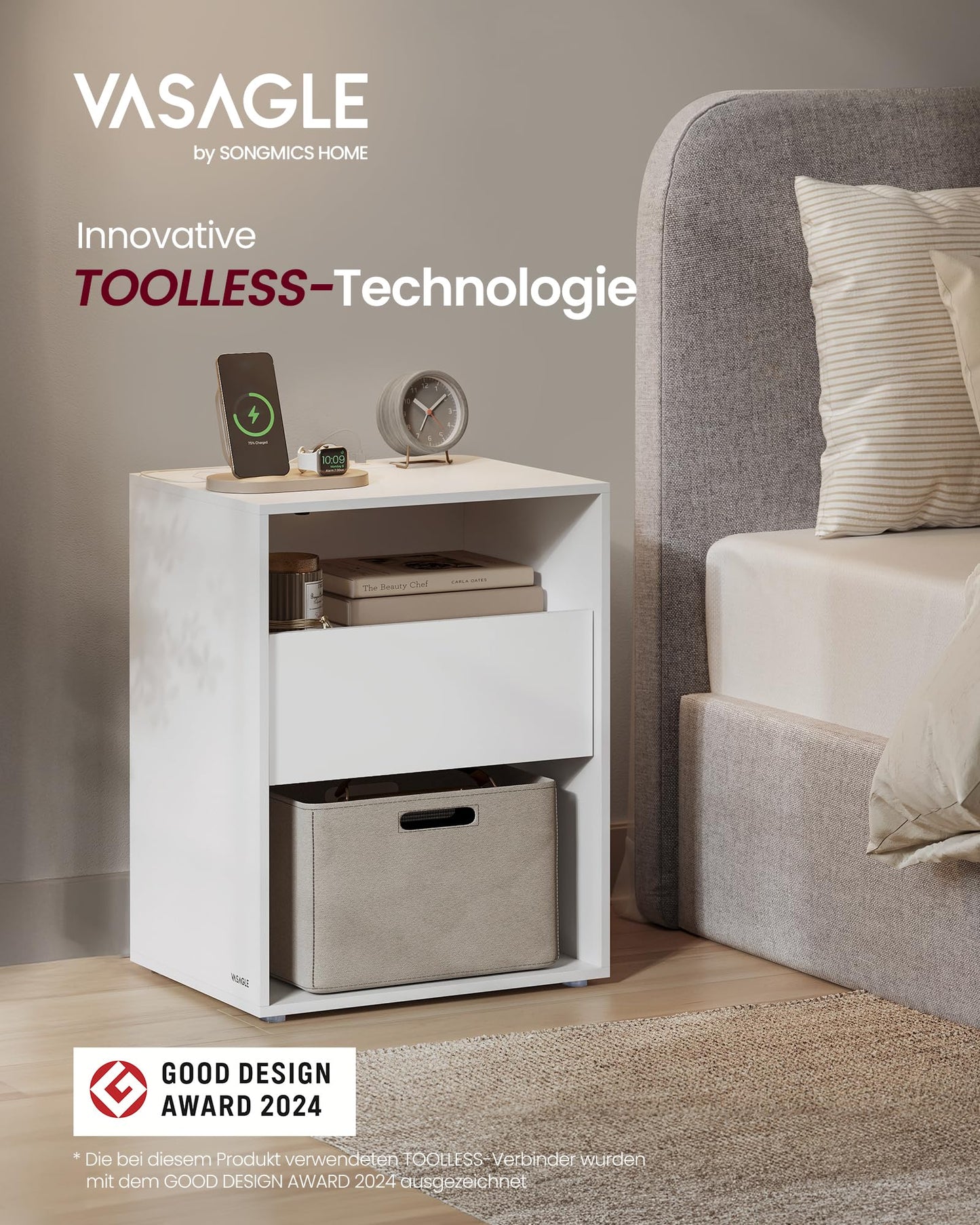 VASAGLE Bedside Table Set of 2, Toolless Technology, Super Fast Tool-Free Assembly, Side Table 3 Drawers, Bedside Cabinet, Bedroom, Living Room, Ink Black/Cappuccino Beige LET779B01