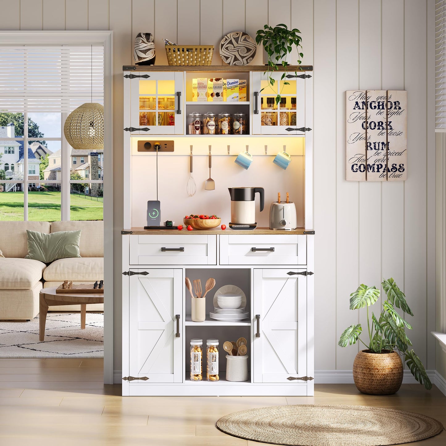 Merax Kitchen Cabinet with Worktop, Sideboard 120 Wide, Buffet Cabinet with Adjustable Shelves & Wine Rack, Tall Cabinet Kitchen Buffet with 4 Doors and 2 Drawers, Black, 120 x 40 x 188 cm