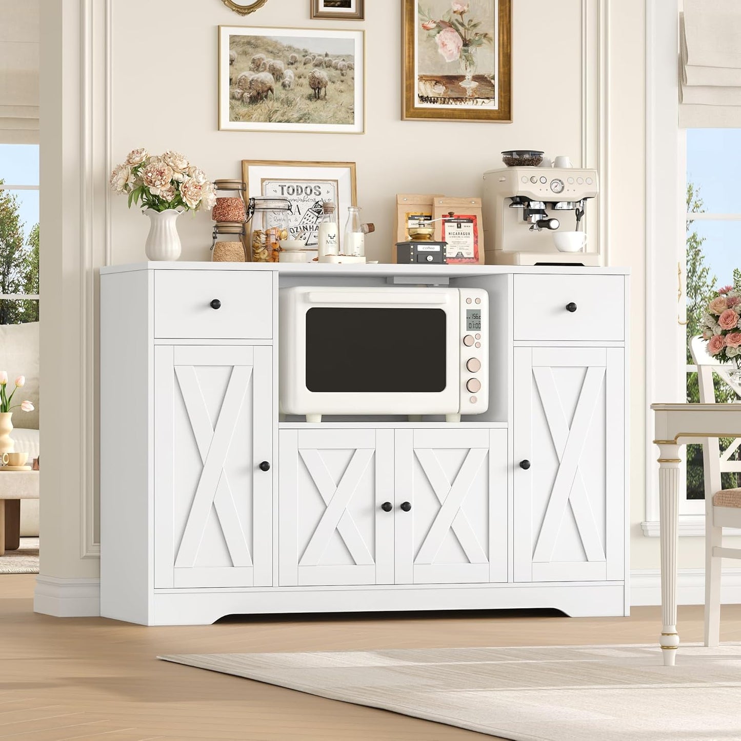 HOCSOK 120 cm Sideboard Kitchen, Kitchen Cabinet with Socket and Microwave Shelf, Storage Cabinet Buffet Cabinet with Adjustable Shelves for Kitchen, Dining Room, Living Room, 120 x 85 x 40 cm