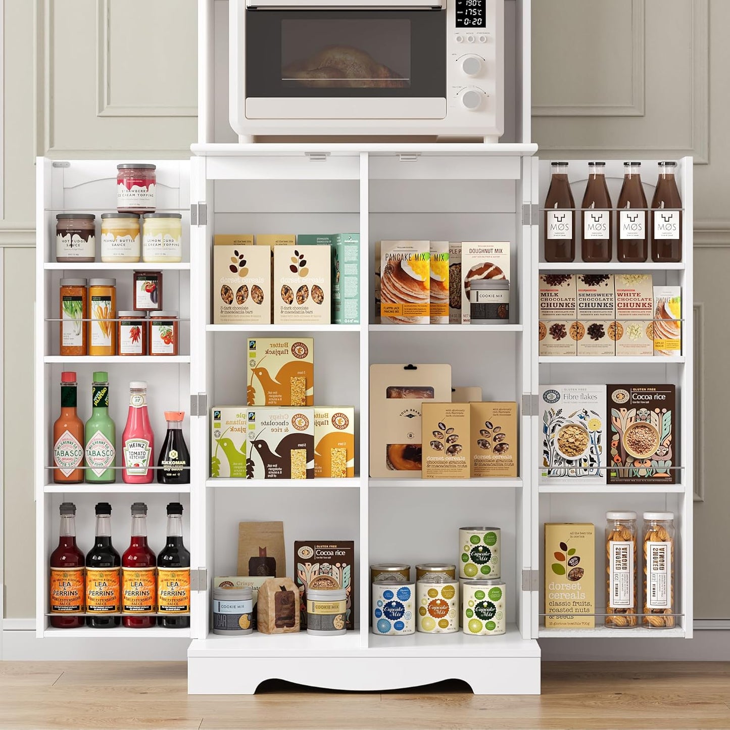 HOCSOK 181 cm Tall Kitchen Cabinet, Buffet Cabinet with Microwave Shelf and 8 Door Shelves, Freestanding Kitchen Storage Cabinet for Kitchen, Modern Style, White