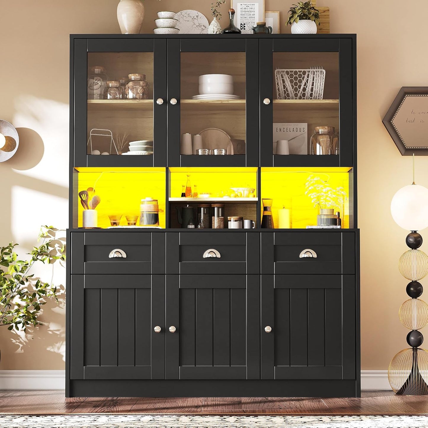 Dolamaní Kitchen Cabinet Buffet Cabinet 140 x 40 x 175 cm with LED More Storage Space for Kitchen, Buffet with Worktop & Adjustable Shelf, Display Cabinet with 3 Drawers with 6 Doors (Black)