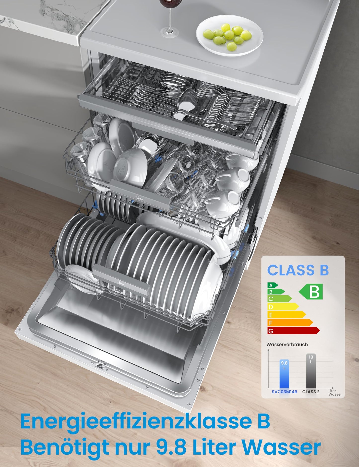 Midea SU 5.35X14CS Dishwasher Base, 14 MGD, Dishwasher 60 cm, Home Connect, Hygiene Care+, Machine Care +, Extra Drying, Half Load, 44 db, Start Delay, Stainless Steel