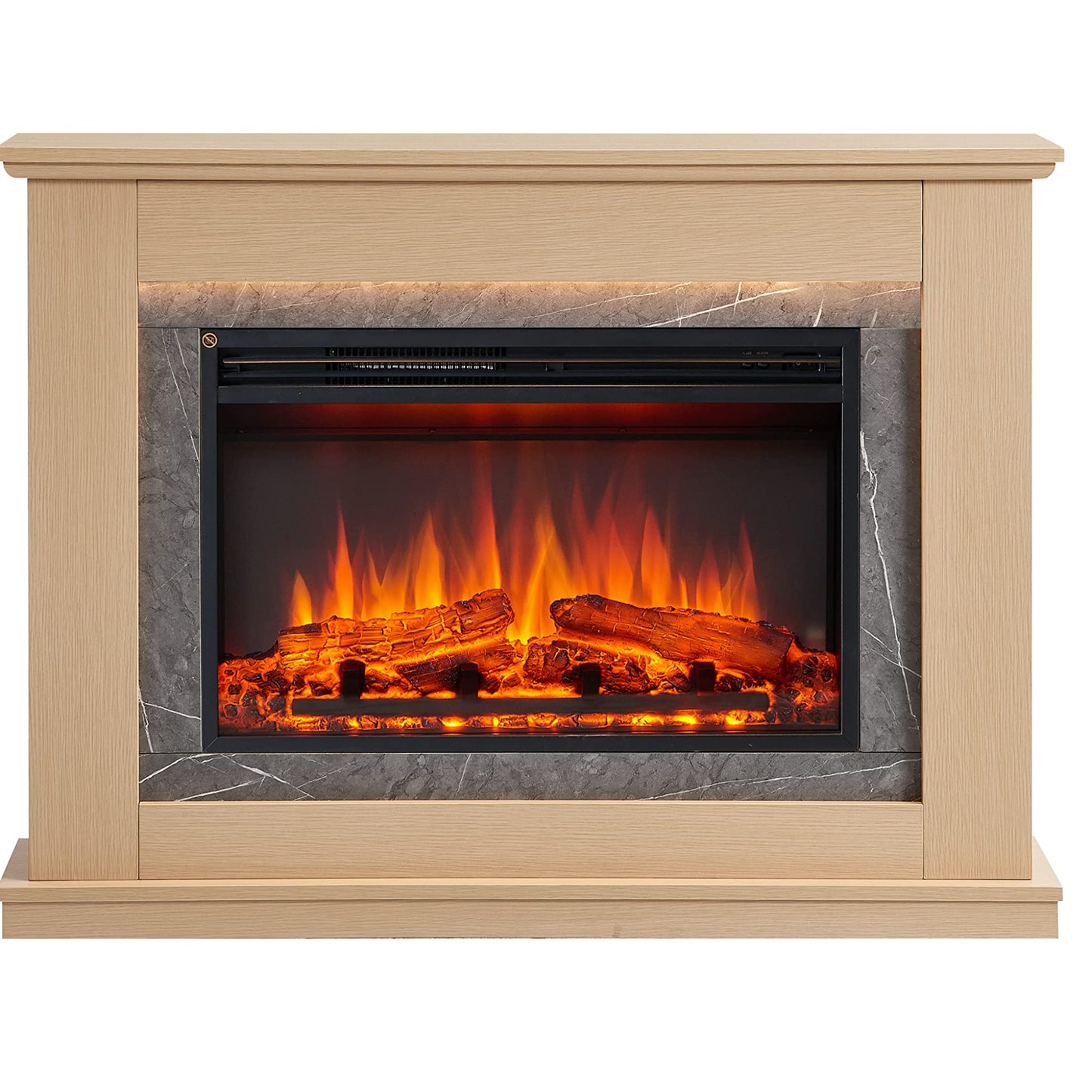 BALDERIA Alexios Electric Fireplace with Heater, 1000/2000 W, Realistic 3D Flame Effect, LED Lighting, Programmable Remote Control, Timer, Thermostat, Light Brown