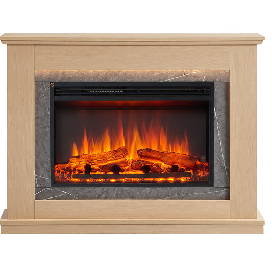 BALDERIA Alexios Electric Fireplace with Heater, 1000/2000 W, Realistic 3D Flame Effect, LED Lighting, Programmable Remote Control, Timer, Thermostat, Light Brown