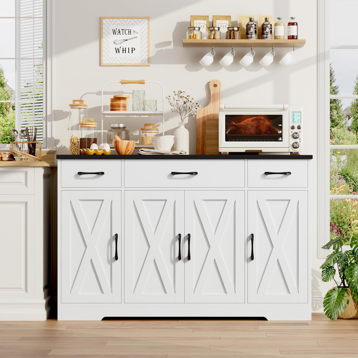 HOCSOK Sideboard, 140 cm Wide Kitchen Cabinet with 2 Adjustable Shelves, Buffet Cabinet with 3 Drawers 4 Doors, Kitchen Buffet for Living Room, Kitchen, Hallway, White & Brown