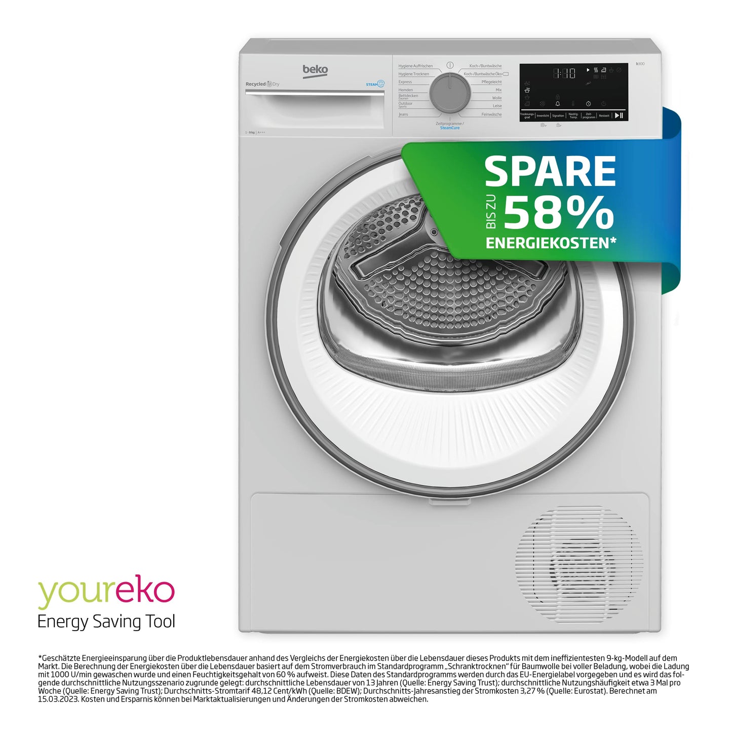 Beko BM3T38210W1 Heat Pump Dryer, Tumble Dryer, 8 kg, Suitable for Allergy Sufferers, Hygiene Drying & Refreshing Hygiene, 15 Programmes, Express, White