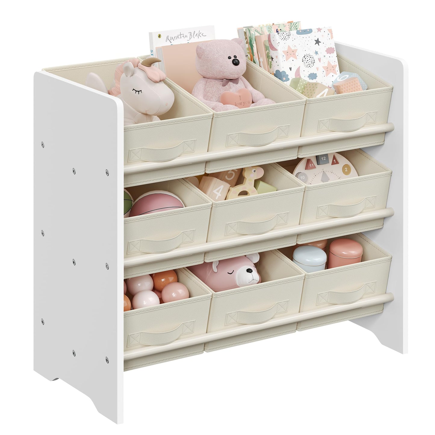 SONGMICS GKR033W10 Children's Shelf, Toy Shelf, Bookcase, with 9 Non-Woven Fabric Storage Boxes, Spacious, 29.5 x 62.5 x 60 cm, Cloud White