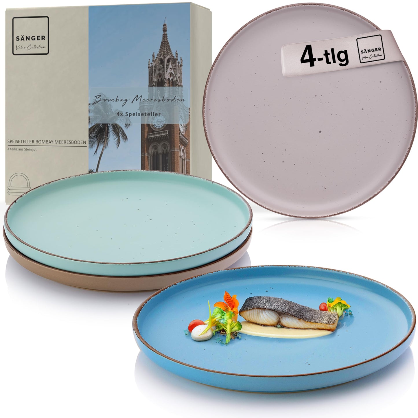 SÄNGER Bombay Seabed Crockery Service 20 Pieces, Stoneware Crockery for 4 People, 4 x Dinner Plates, 4 x Dessert Plates, 4 x Bowls, 4 x Pasta Plates, 4 x Coffee Mugs, Plate Set Colourful Value