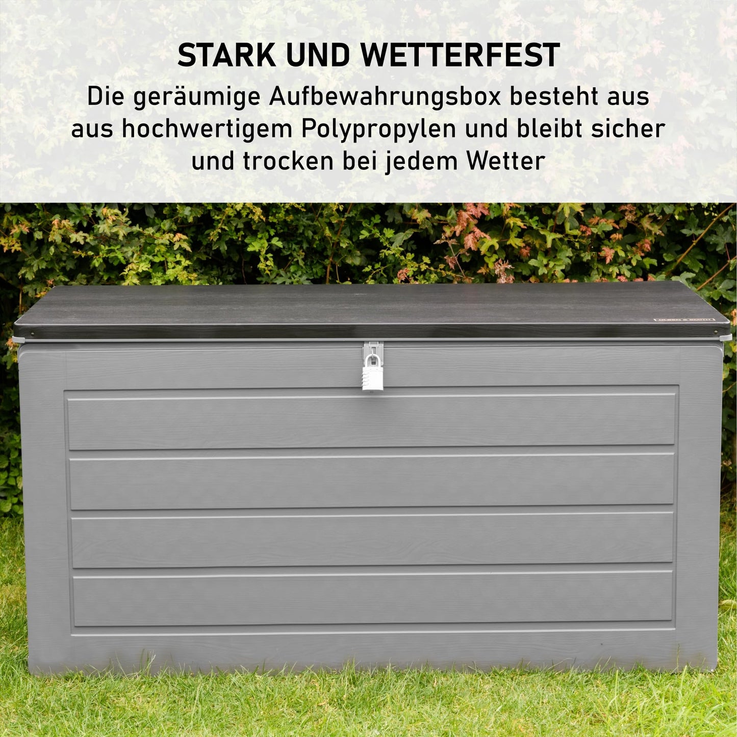 Olsen & Smith 270L Large Capacity Outdoor Garden Storage Box with Padlock Plastic Shed - Weatherproof and Stand Up with Wood Effect Chest (270L, Black)