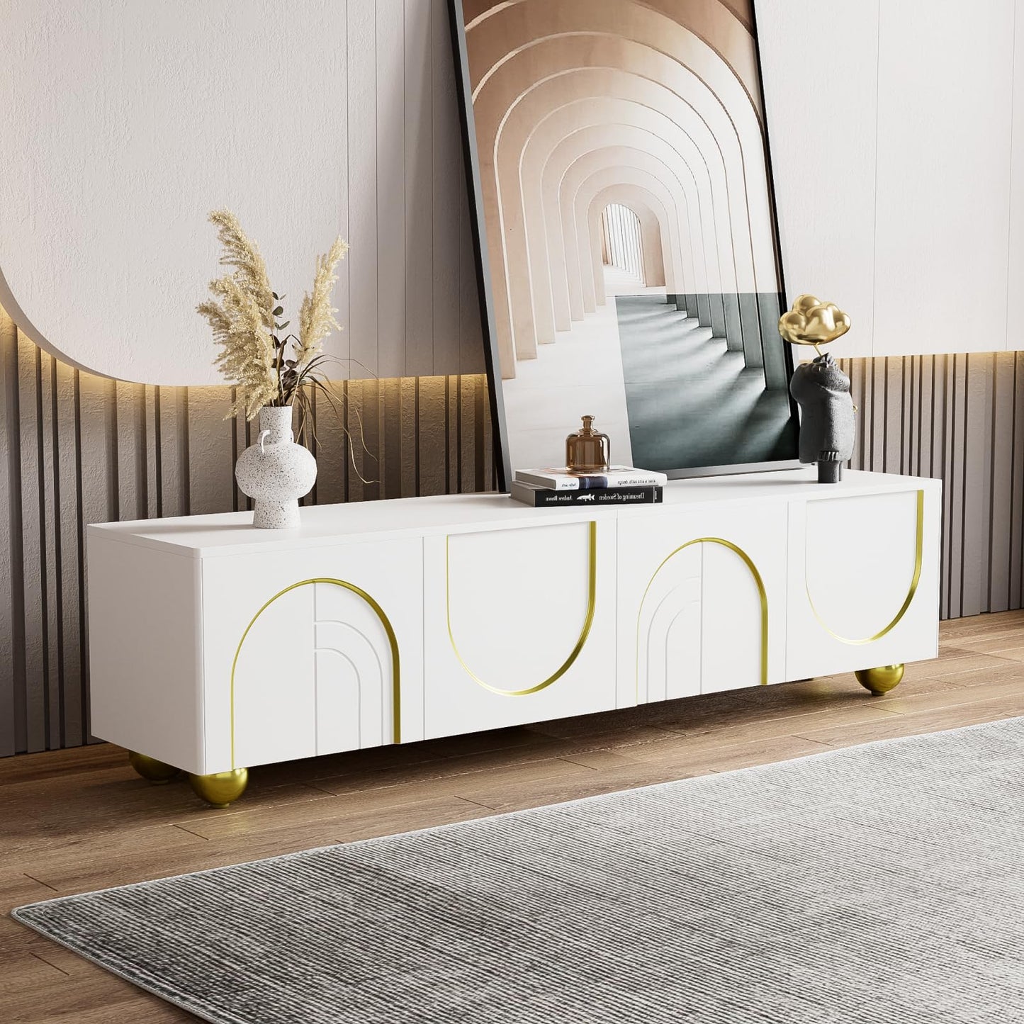 TV Cabinet with 3 Drawers, TV Table with Golden Handles and Legs, Modern TV Stand for TVs up to 75 Inches, Rounded Corners, TV Cabinet for Living Room, 174 x 35 x 41 cm, White