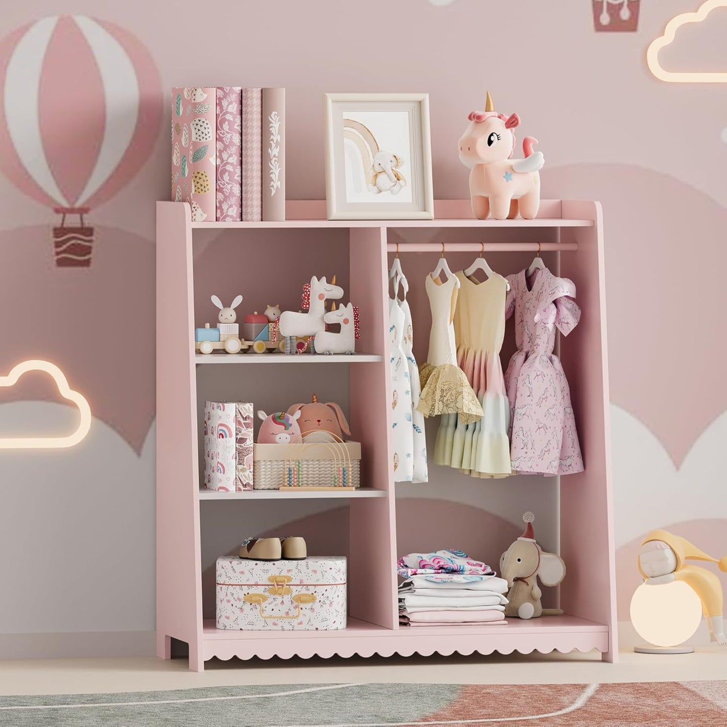 [en.casa] Children's Wardrobe Standing Vestnes Children's Wardrobe with Clothes Rail 90 x 80 x 38 cm Clothes Rack with Shelf Wave Design Cotton Candy/White