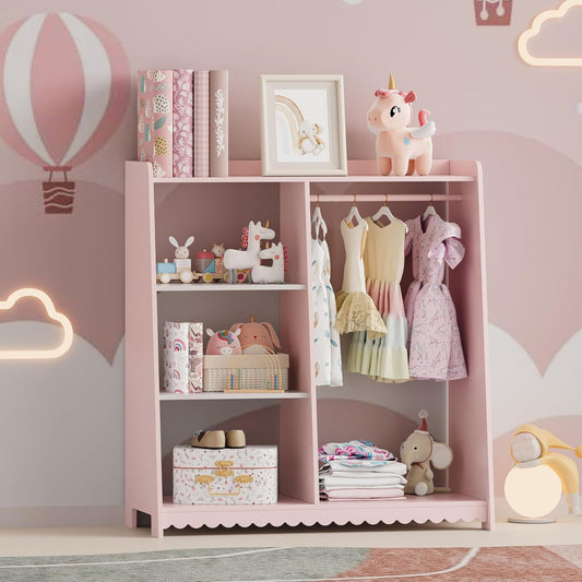 [en.casa] Children's Wardrobe Standing Vestnes Children's Wardrobe with Clothes Rail 90 x 80 x 38 cm Clothes Rack with Shelf Wave Design Cotton Candy/White
