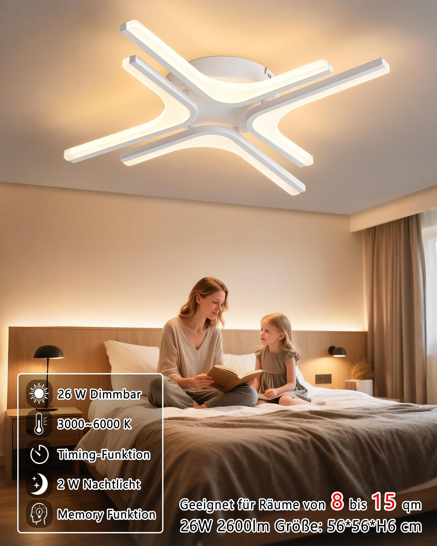 LED Ceiling Light Dimmable White Star 56 cm 26 W Colour Temperature 3000-6000 K Brightness 10-100% with Remote Control / Mobile App for Bedroom, Kitchen, Balcony, Hallway, with Memory Function, 2 W