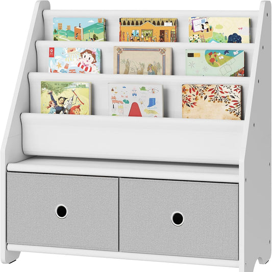 Kids Bookcase, Kids Shelf, Toy Organiser, with 3 Fabric Compartments and 2 Pull Out Toy Boxes, for Kids 3-8 Years Old, for Nursery Playroom, White and Grey DMCW06WT