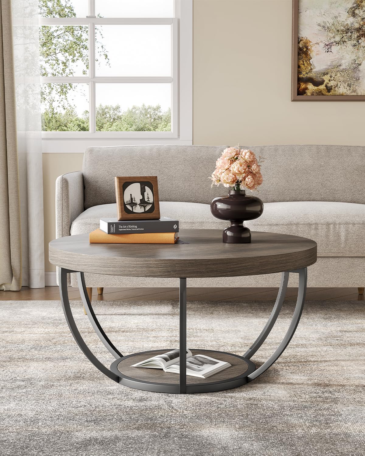 LITTLE TREE Round Coffee Table 32 Inch Round Coffee Table for Living Room 2 Tier Wood Accent Center Table with Open Storage Industrial Design Home Furniture (Wood Grain and Black)