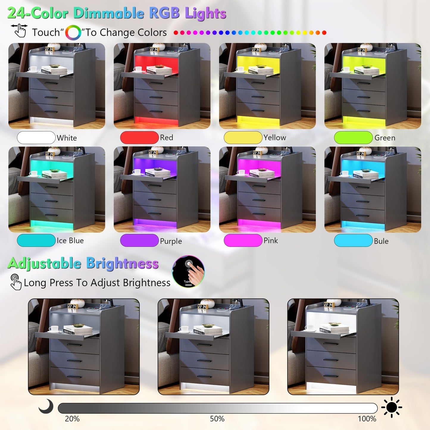 Lvifur Bedside Cabinet Set of 2 with Lighting, LED Bedside Table with Charging Function, 24 Colours Dimmable, Sideboard with 3 Drawers, USB Type-C Automatic Sensor, Bedroom, Grey