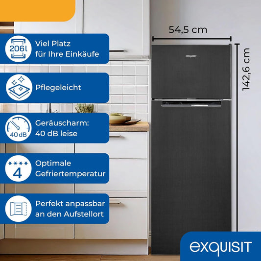 Exquisit KGC5270-45-040D Fridge-Freezer, 206 Litres, 4-Star Freezer, 4 Glass Shelves, Interchangeable Door Hinge, LED Lighting, Inoxlook