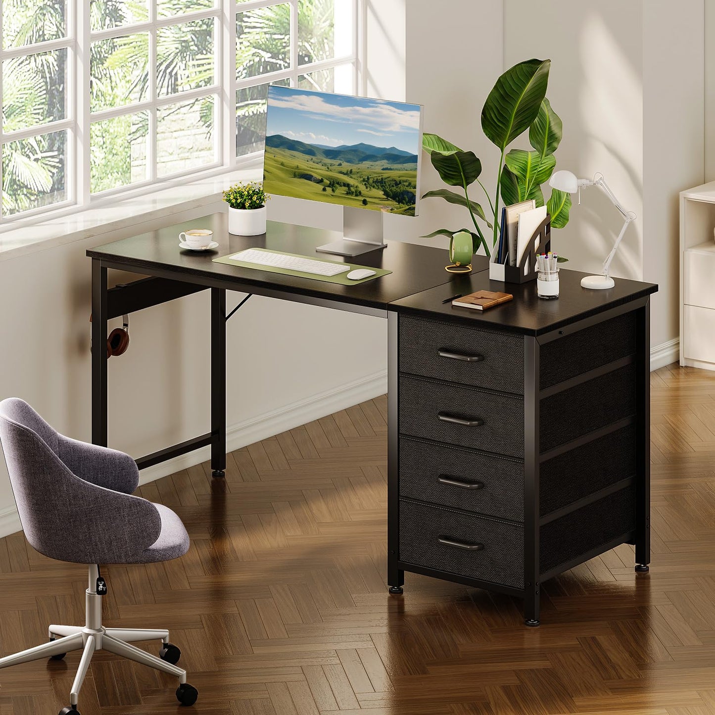 ODK Desk with 4 Drawers, 120 x 48 x 75.7 cm, Computer Desk with Headphone Holder, PC Table, Reversible Office Table, Wood for Home Office, White