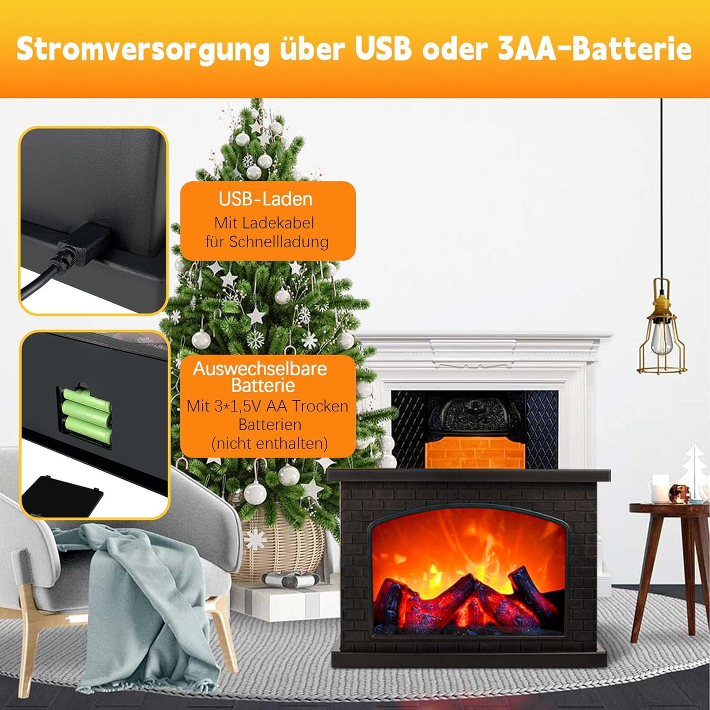 LED Fireplace, Fireplace Lamp Touch Control, Electric Fireplaces with Flame Effect, USB and Battery Operated Fireplace Simulation Table Fireplace Ornament Home