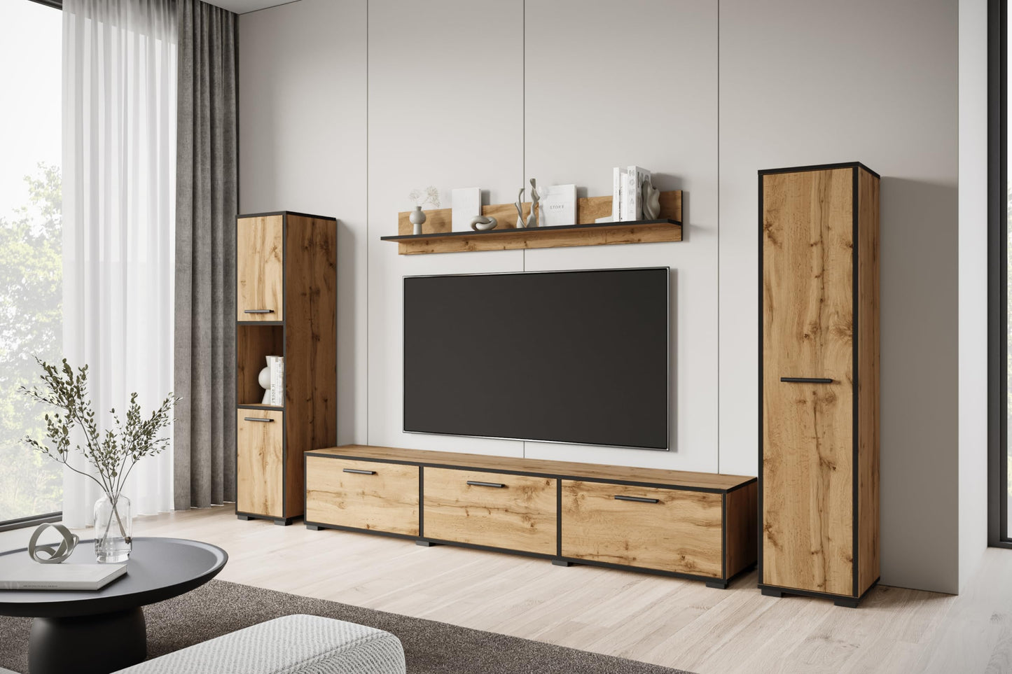 MINIO go for it - Living Room Wall Unit 4-Piece Toga, Living Room Furniture Set, 1 x TV Lowboard, 2 x Tall Cabinet, 1 x Wall Board, Living Room Furniture Complete, Living Room Set - Colour Wotan Oak