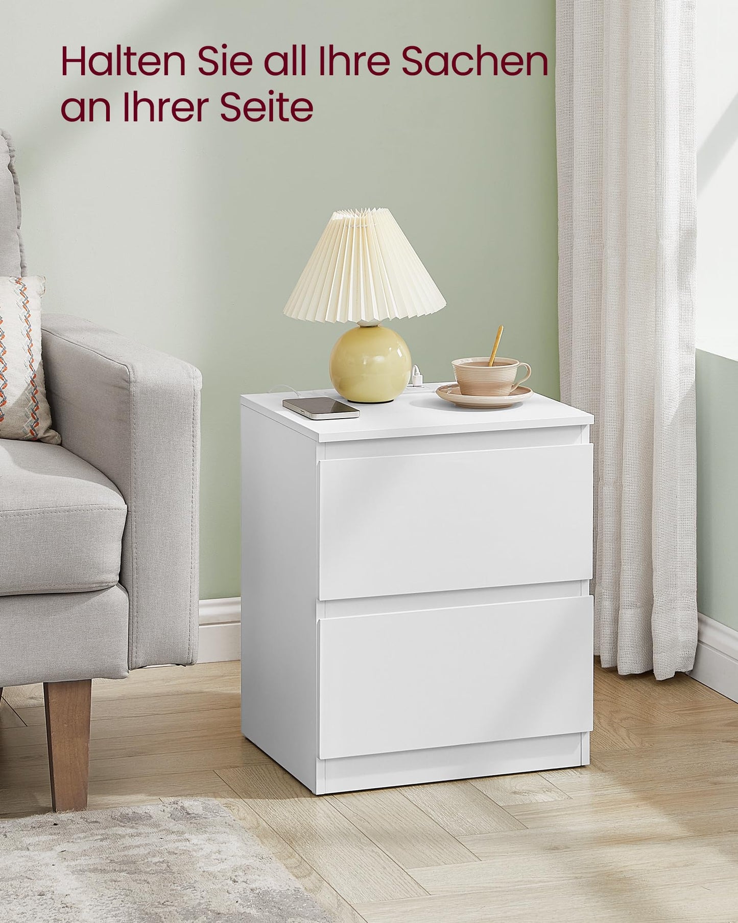 VASAGLE Kailyn Collection - Bedside Table with Power Strip, Set of 2, Side Table 2 Drawers, 2 AC Sockets, 2 USB-A Ports, for Bedroom, Cloud White LET821W02