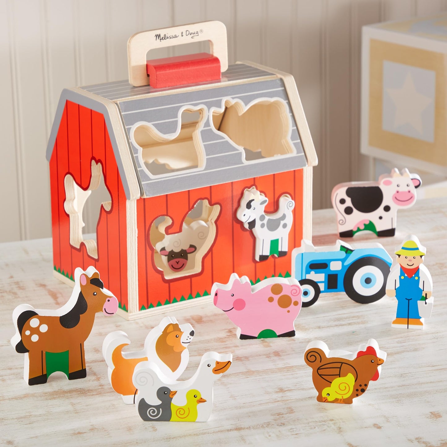 Melissa & Doug Wooden Barn Toy Barn for Travelling with 10 Toy Figures, Farm Toy, Educational Toy for Sorting Shapes and Stacking for Toddlers and Children from 2 Years
