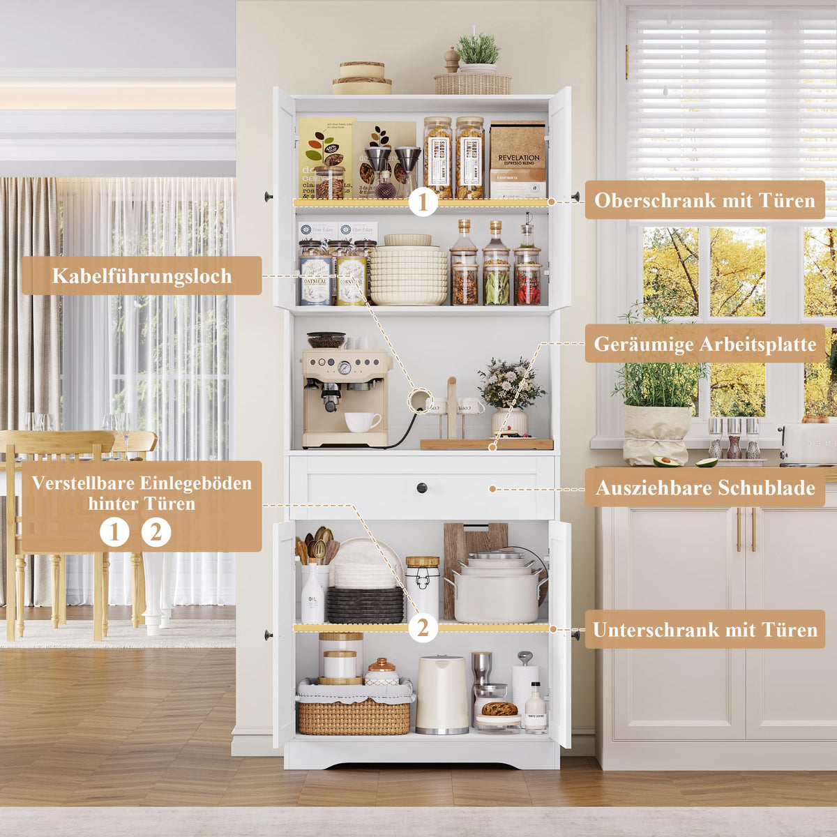 FOREHILL Tall Kitchen Cabinet, Kitchen Buffet Cabinet with Worktop, 4 Doors, Drawer, Cable Hole, Adjustable Shelves, Multi-Purpose Cabinet for Living Room, Kitchen, 75 x 40 x 180 cm, White