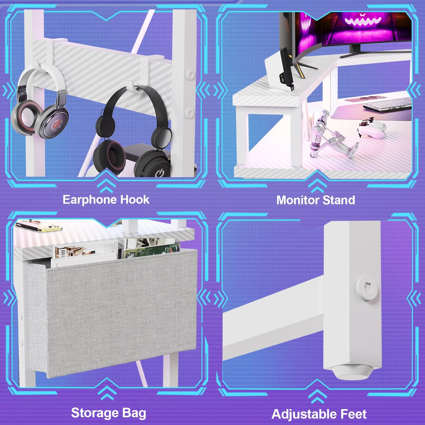 Devoko 153x153 cm Gaming Schreibtisch mit LED, groß Gaming Tisch L Form mit 2 Steckdosen und 2 USB Ladeanschluss, Eckschreibtisch PC Tisch mit großzügiger Monitorablage, Kohleschwarz