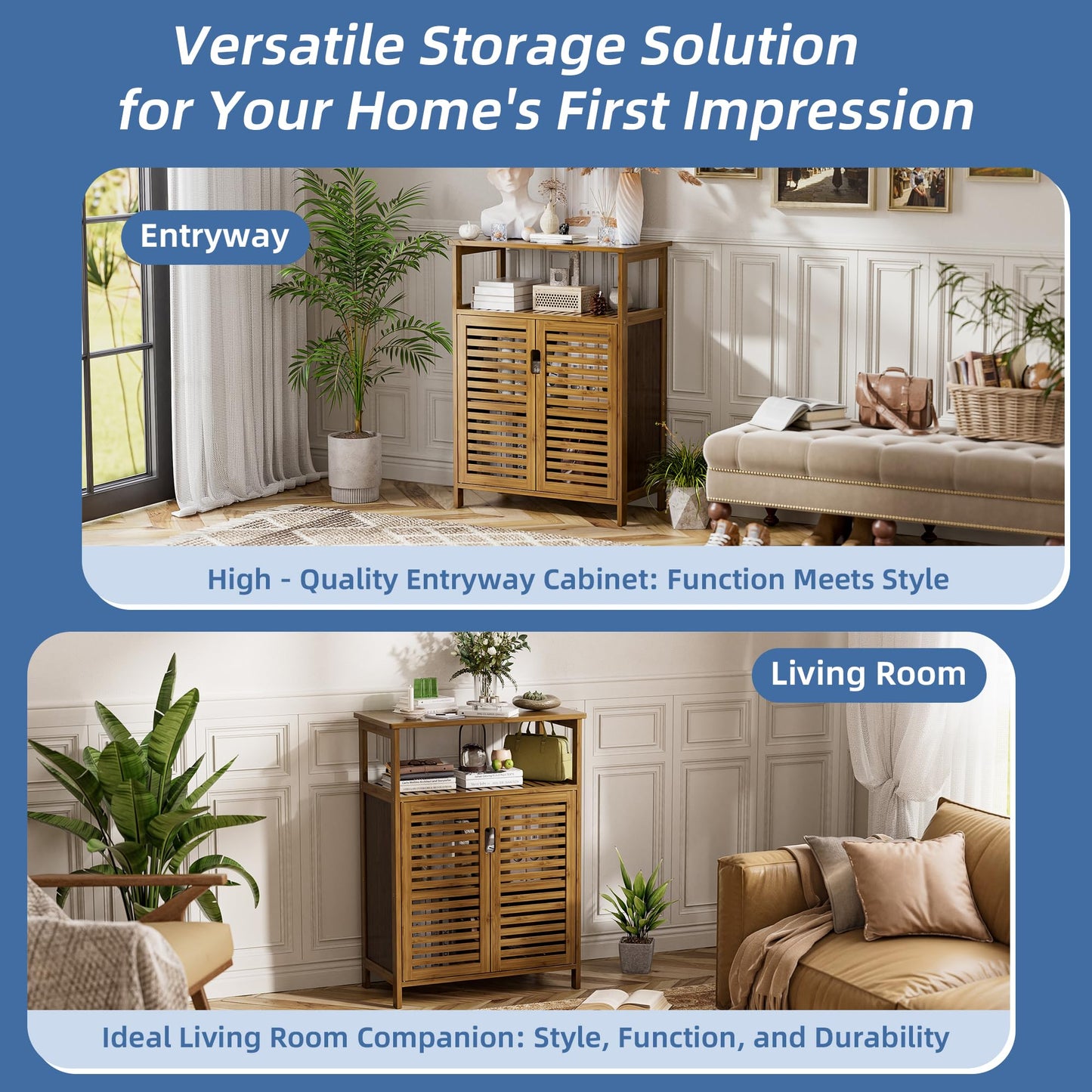 HITNET Bathroom Cabinet Bamboo Black Bathroom Cabinet with 2 Doors Freestanding Cabinet for Bathroom, Living Room and Bedroom