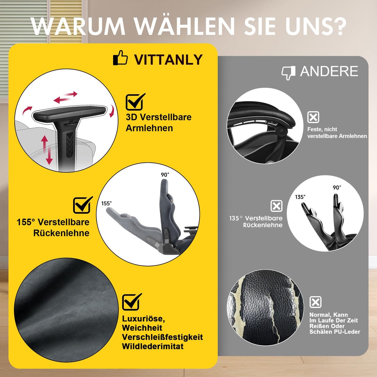 Vittanly Gaming Stuhl, Luxuriöser Wildlederimitat Gaming Chair Bürostuhl, Ergonomischer Schreibtischstuhl mit Fußstütze Kopfstütze und Lendenkissen, 3D Armlehnen, 90-155° Rückenlehne, Weinrot