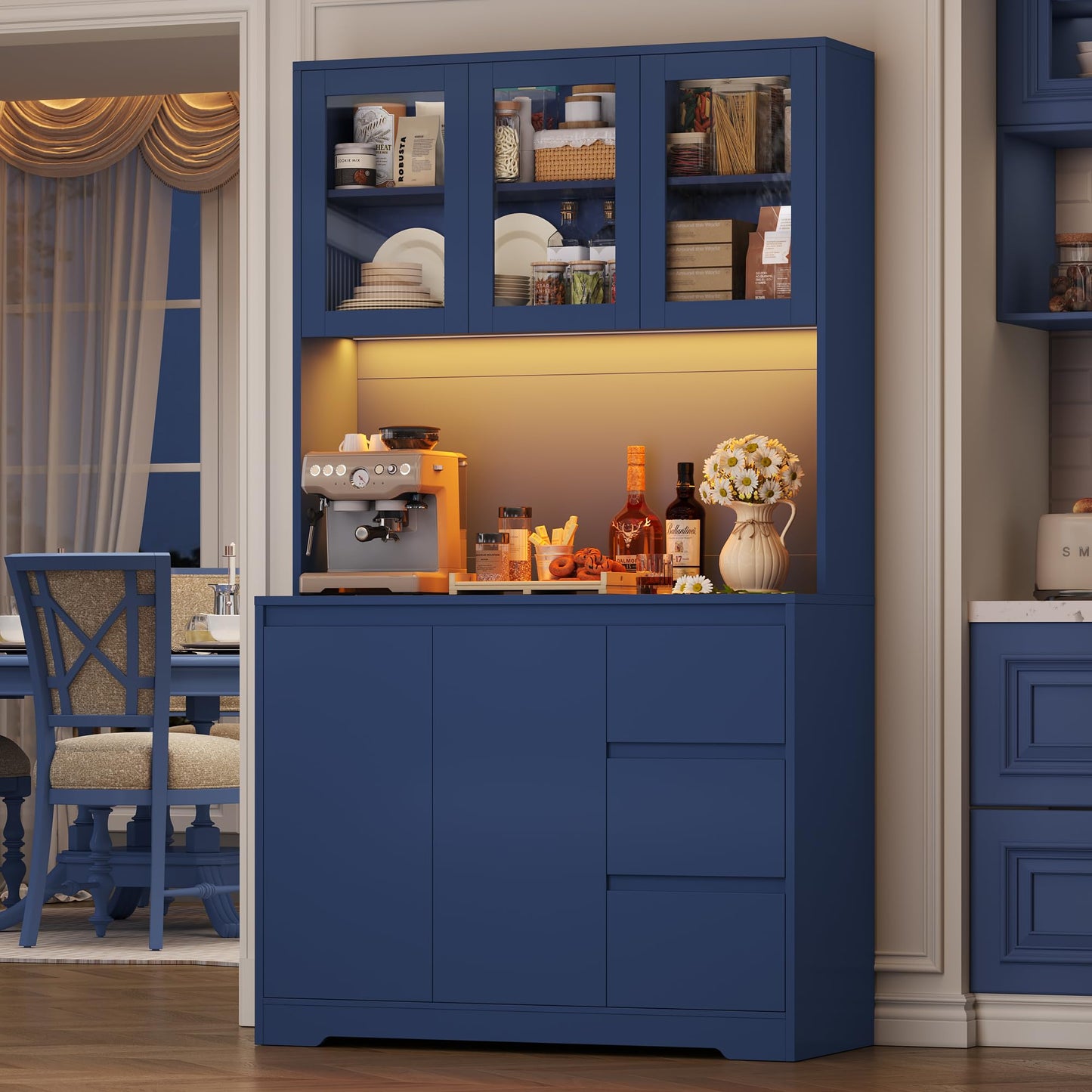 FirFurd Kitchen Cabinet Buffet Cabinet with LED Sideboard for Kitchen with Power Strip Kitchen Cabinet with Worktop and 3 Drawers Kitchen Buffet with Adjustable Shelf 180 x 100 x 38.5 cm (Black)