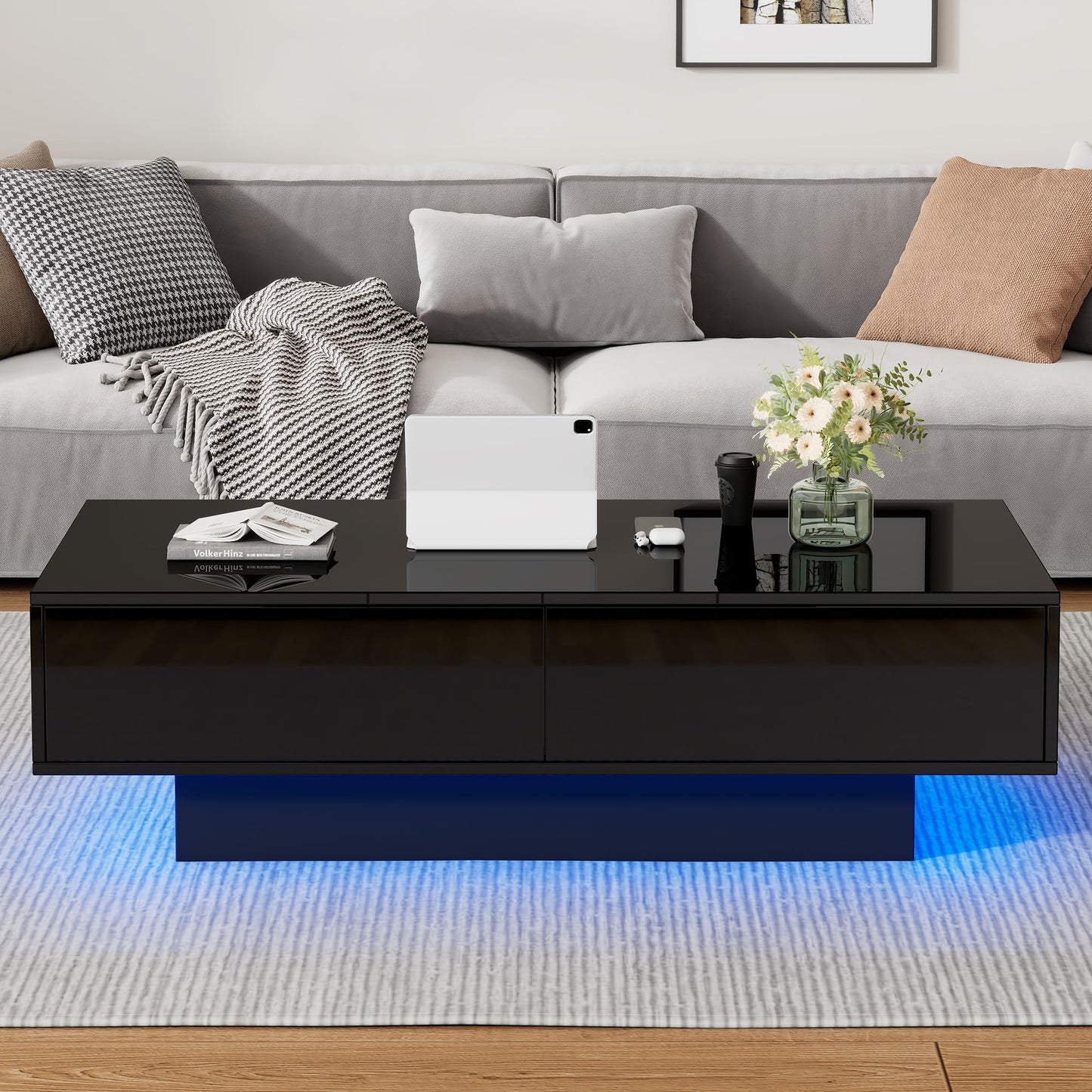 Merax Coffee Table LED High Gloss Middle Table Tea Table for Living Room Black Living Room Table with 2 Drawers and Open Compartment, Rectangular Side Table Sofa Table Coffee Table for Bedroom Office