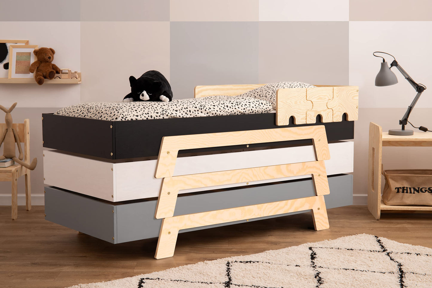 smartwood Kinderbett mit Lattenrost und Rausfallschutz Puzzle BR2 Montessori einzelbett für Jungen und Mädchen - Bett aus Kiefer Sperrholz mit Rausfallschutz und Lattenrost - Grau - 90x200 cm