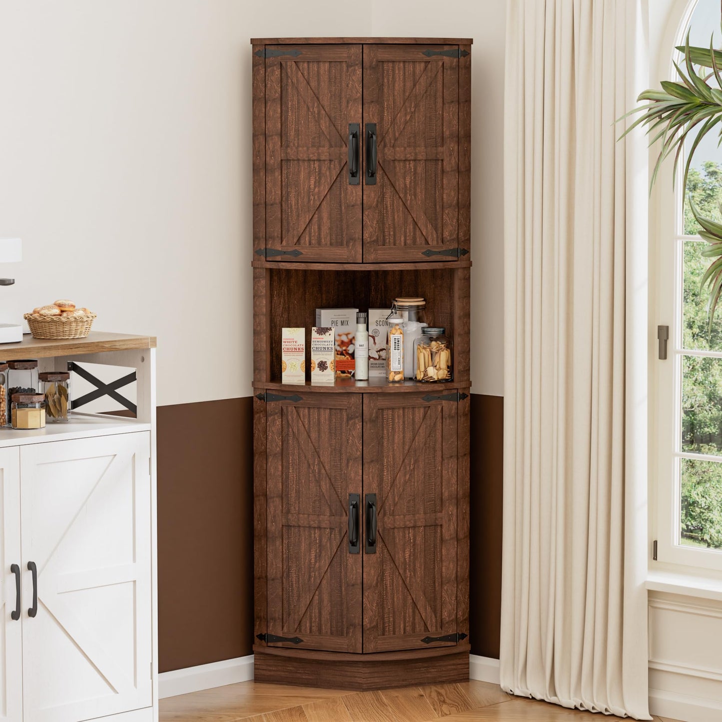 Tall Kitchen Cabinet, Corner Cabinet, Bathroom Cabinet, Narrow Corner Shelf with 4 Doors and 5 Shelves, 165 cm Wooden Storage Cabinet, Tall Cabinet for Kitchen, Living Room, Dining Room