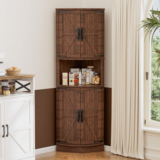 Tall Kitchen Cabinet, Corner Cabinet, Bathroom Cabinet, Narrow Corner Shelf with 4 Doors and 5 Shelves, 165 cm Wooden Storage Cabinet, Tall Cabinet for Kitchen, Living Room, Dining Room