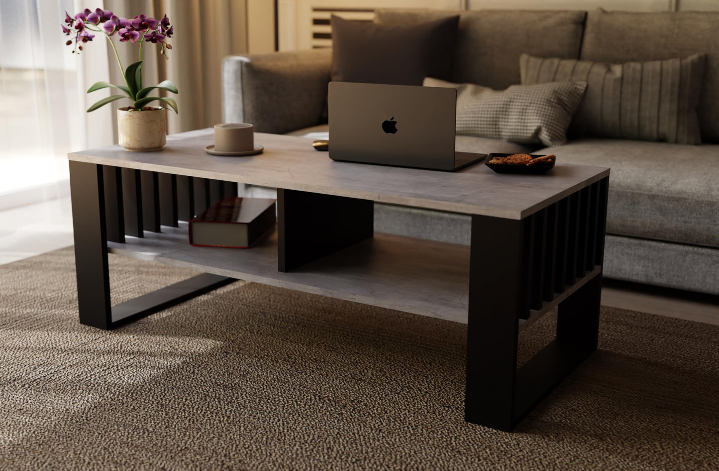 Meble Pitus Coffee Table White - Modern Living Room Table 90 x 50 x 50 cm with Storage Space & Slat Design