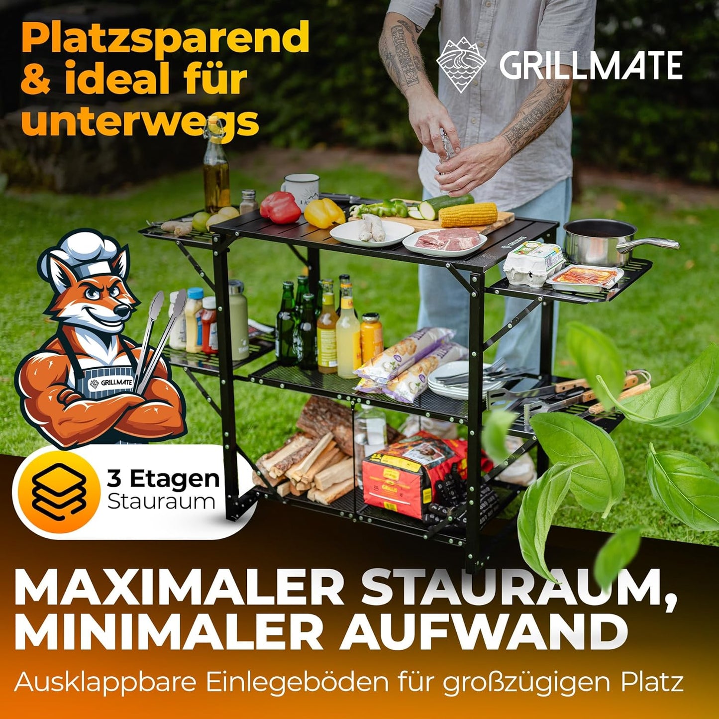 Outdoor Weatherproof Foldable Barbecue Side Table, Table for Barbecue, Balcony, Camping, Garden, Camping Kitchen Foldable Made of Aluminium, Rust-Resistant [50 kg Load Capacity] Includes