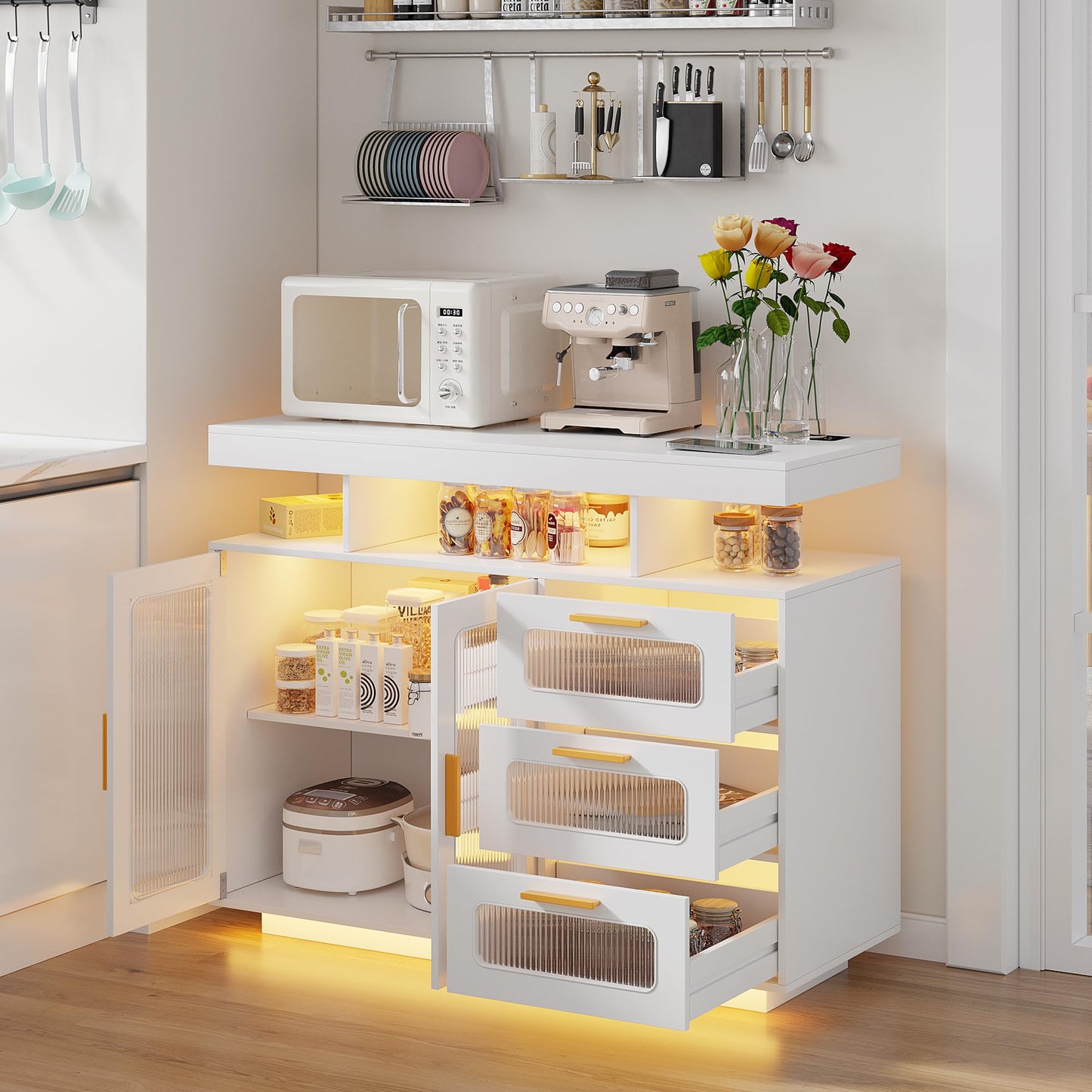 FREDEES RGB Kitchen Cabinet with Charging Station & LED Lighting, Sideboard Buffet Cabinet with Storage Space for Kitchen and Dining Room, Grey