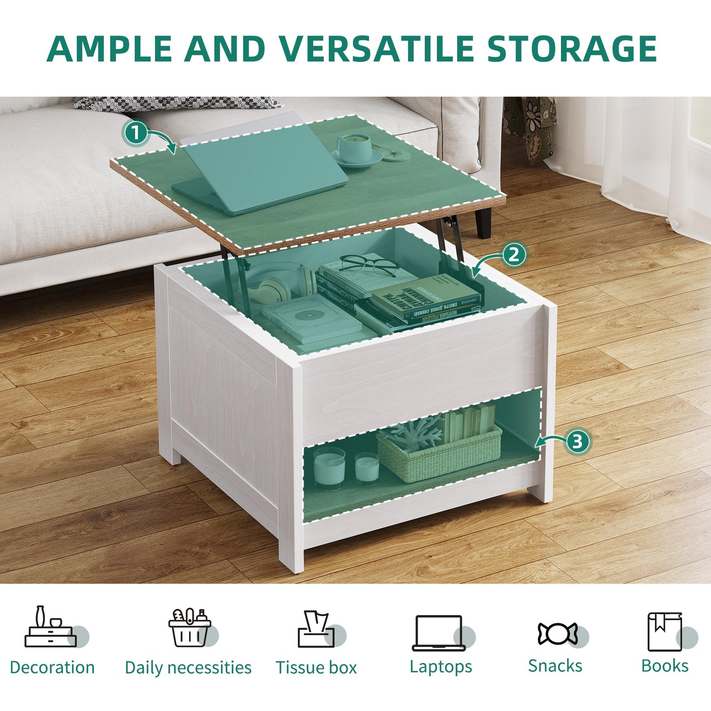 YITAHOME Coffee Table, Square Living Room Table 2-Tier Coffee Table with Storage Space for Couch Bedroom, Sturdy Metal Frame, 80 x 80 x 45 cm