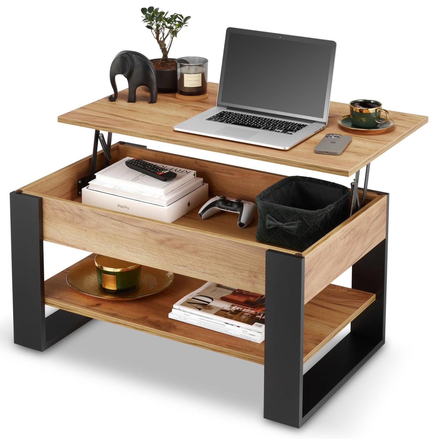 Coffee Table Height Adjustable with Storage Space Living Room Table Foldable Height-Adjustable Coffee Table Extendable Living Room Table Oak (White + Oak)