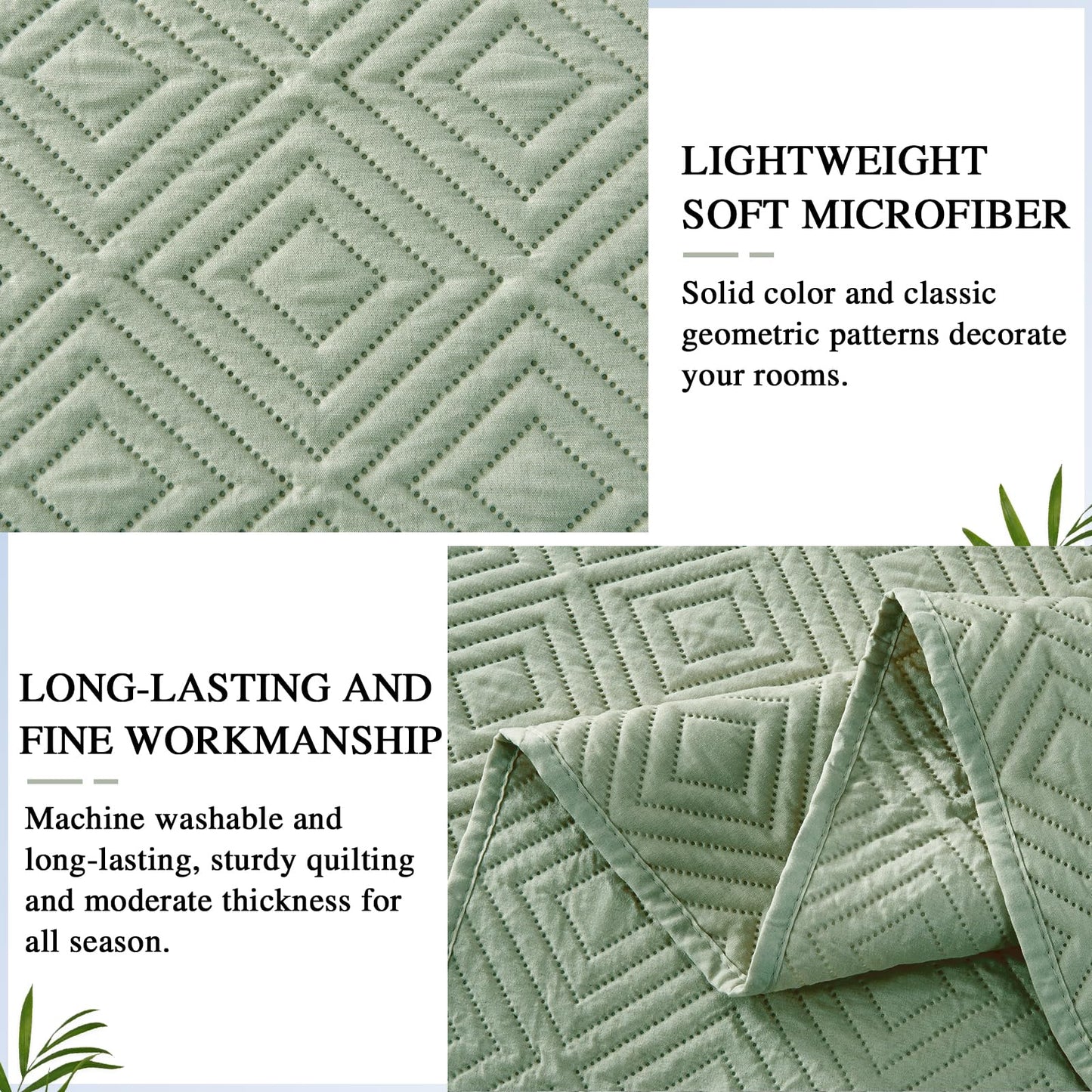 Qucover Tagesdecke Bettüberwurf 220x240cm Grün, Bedspreads aus Mikrofaser, Bettüberwuf Set mit 2 Kissenbezügen 50x75cm,Steppdecke bei 3D-Ultraschal genäht, Sofaüberwurf Bettüberwurf Überwurfdecke