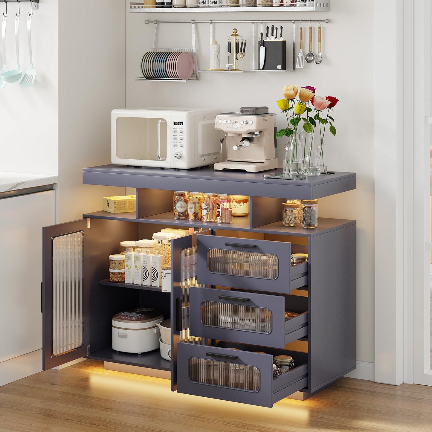 FREDEES RGB Kitchen Cabinet with Charging Station & LED Lighting, Sideboard Buffet Cabinet with Storage Space for Kitchen and Dining Room, Grey