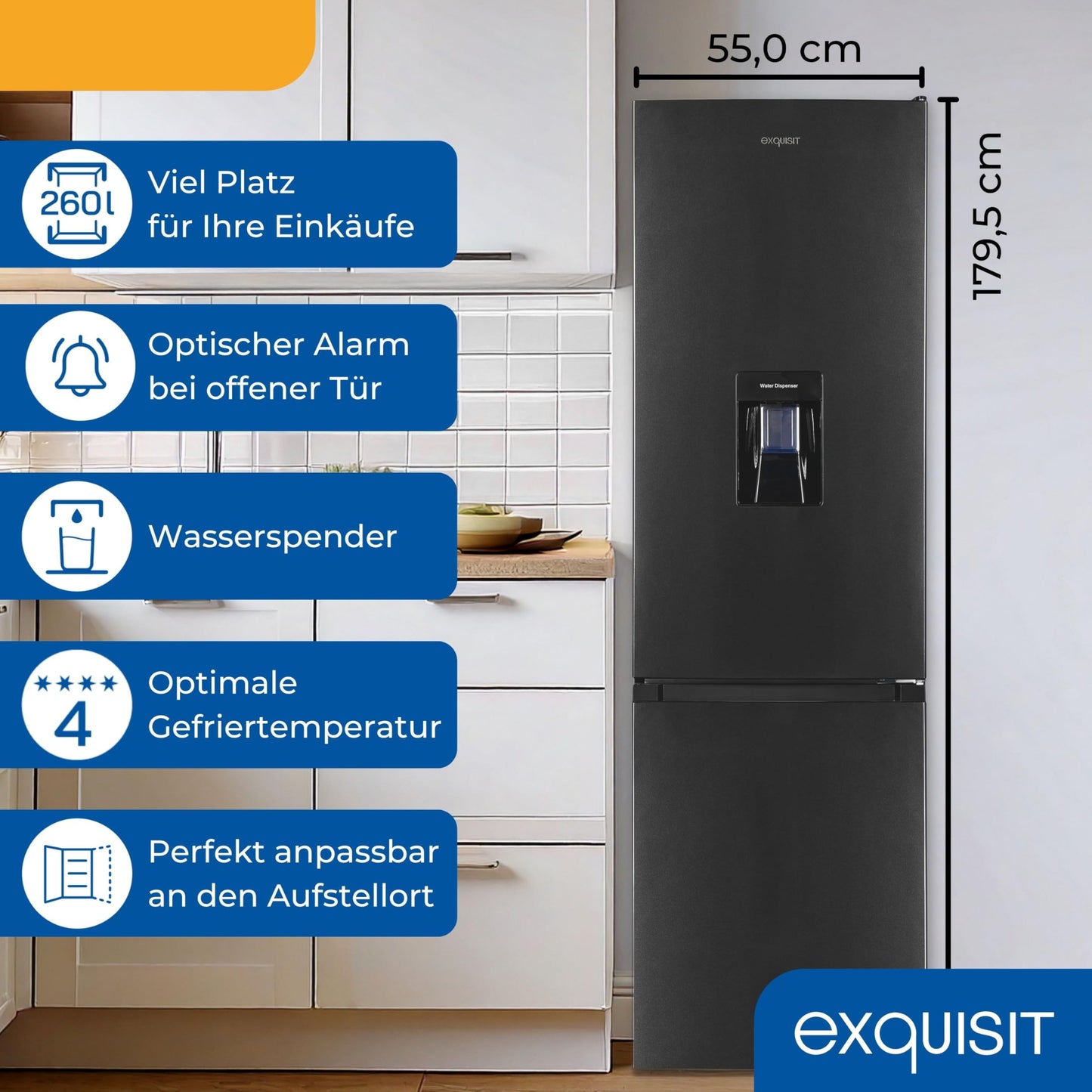 Exquisit Fridge-Freezer, 180 cm Height, Fridge with Freezer, 260 Litres, Water Dispenser, Alarm Function, 4-Star Freezer, KGC5265-70-WS-040D inoxlook-az