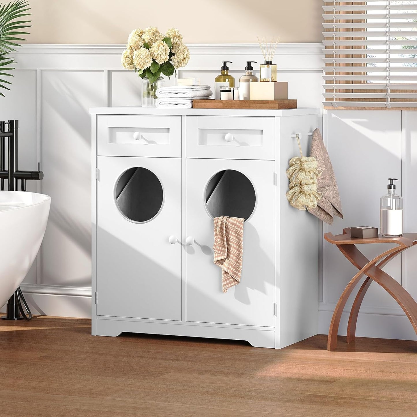 HOOBRO Bathroom Cabinet with Laundry Basket, Bathroom Cabinet with 2 x 37L Laundry Baskets, Freestanding Laundry Cabinet with 2 Drawers and 4 Hooks, for Bathroom, Laundry Room, White EWT36XY01