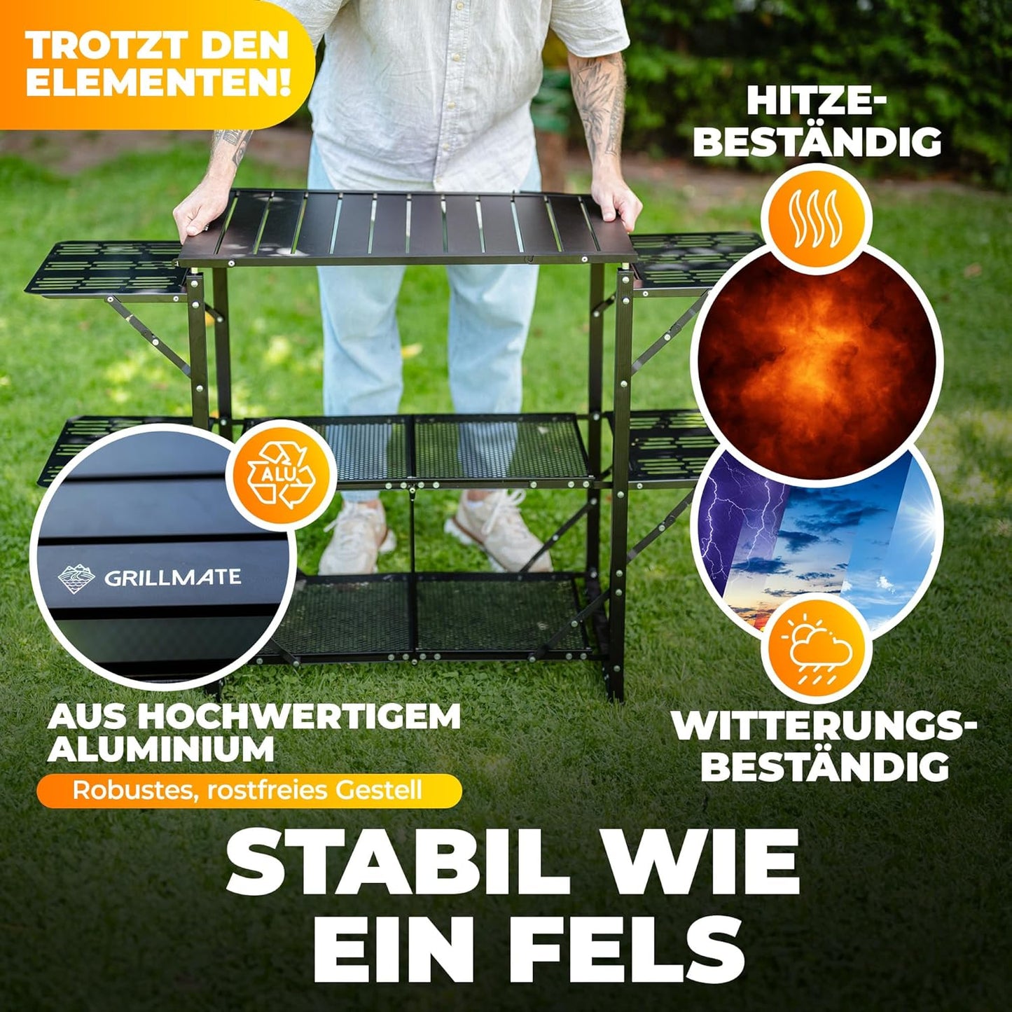 Outdoor Weatherproof Foldable Barbecue Side Table, Table for Barbecue, Balcony, Camping, Garden, Camping Kitchen Foldable Made of Aluminium, Rust-Resistant [50 kg Load Capacity] Includes