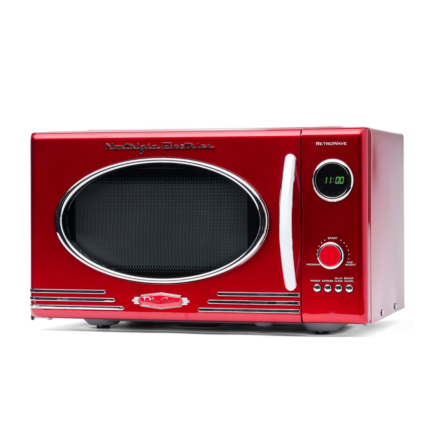 Nostalgia RMO4RR Retro Large 0.9 Cubic Feet, 800 Watt Top Microwave, 12 Preprogrammed Cooking Settings, Digital Clock, Easy Clean Interior, Metallic Red