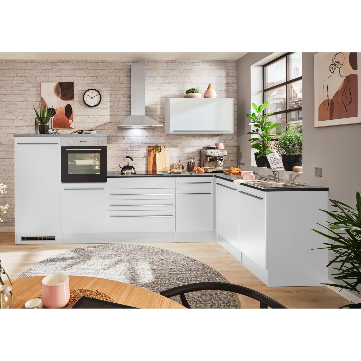 Jazz 4 Modern Corner Kitchen with Electrical Appliances in White High Gloss, Metallic Grey - Spacious Kitchen Unit in L-Shaped with Lots of Storage Space - 320 x 200 x 60 cm (W x H x D)